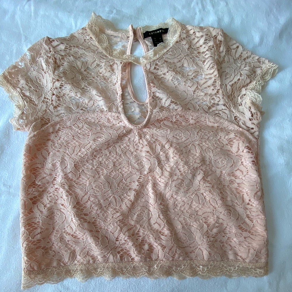 Light pink/creamy pink lace crop top from Revamped